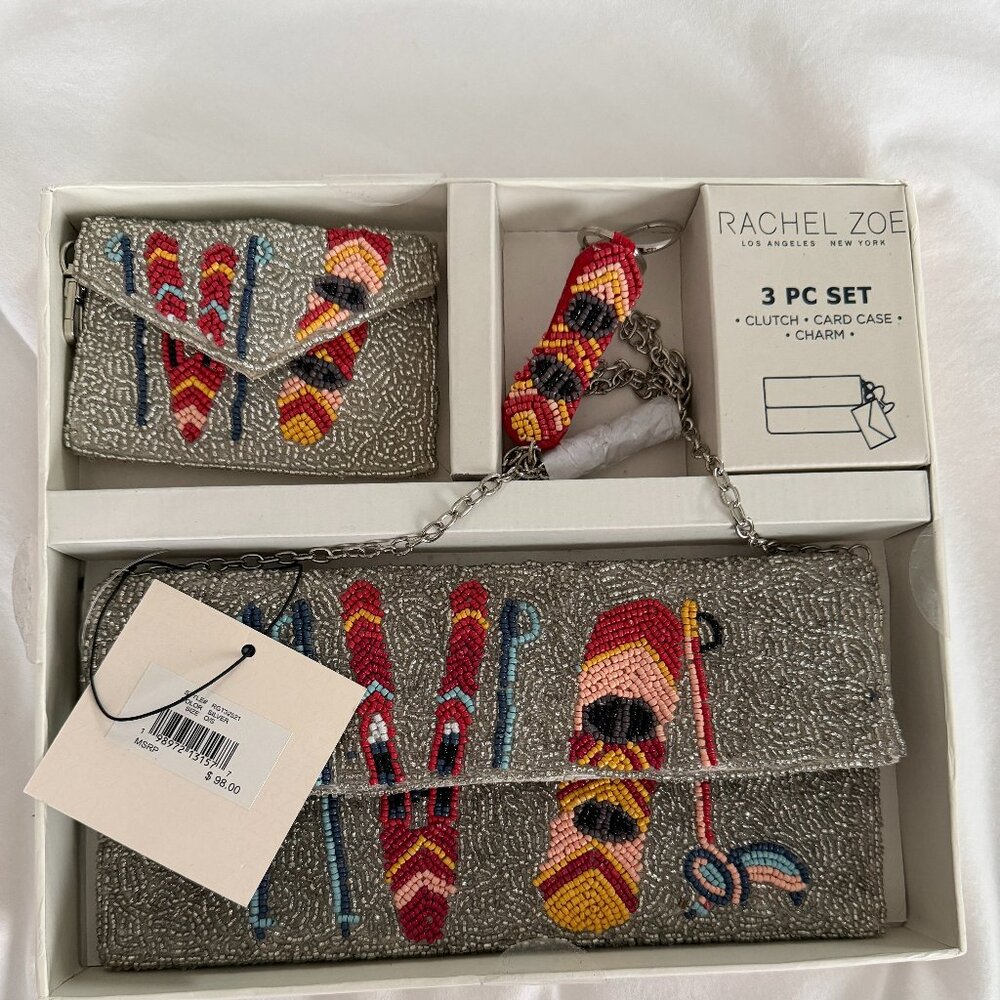 NWT Rachel Zoe Beaded Ski Snowboard 3-piece Set Wallet Charm $98-SO CUTE
